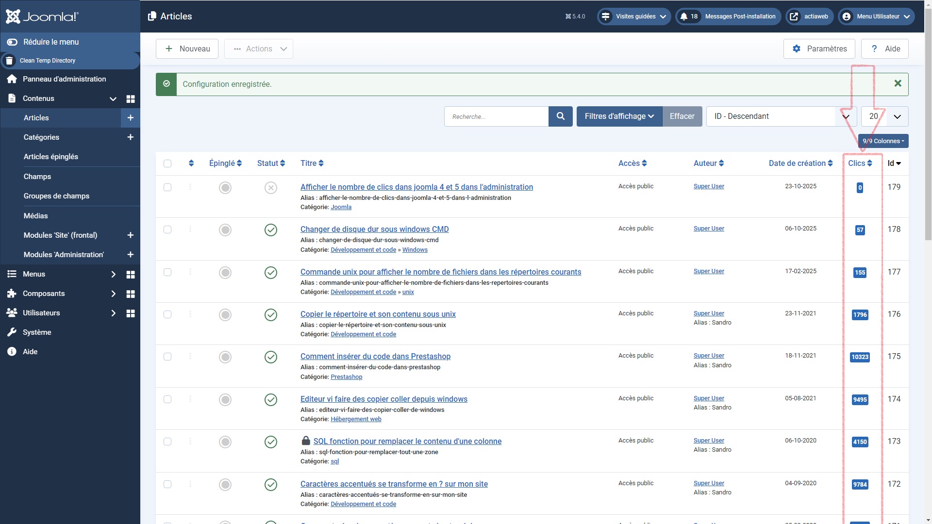 Récupération du nombre de clics dans joomla dans la liste de base des articles