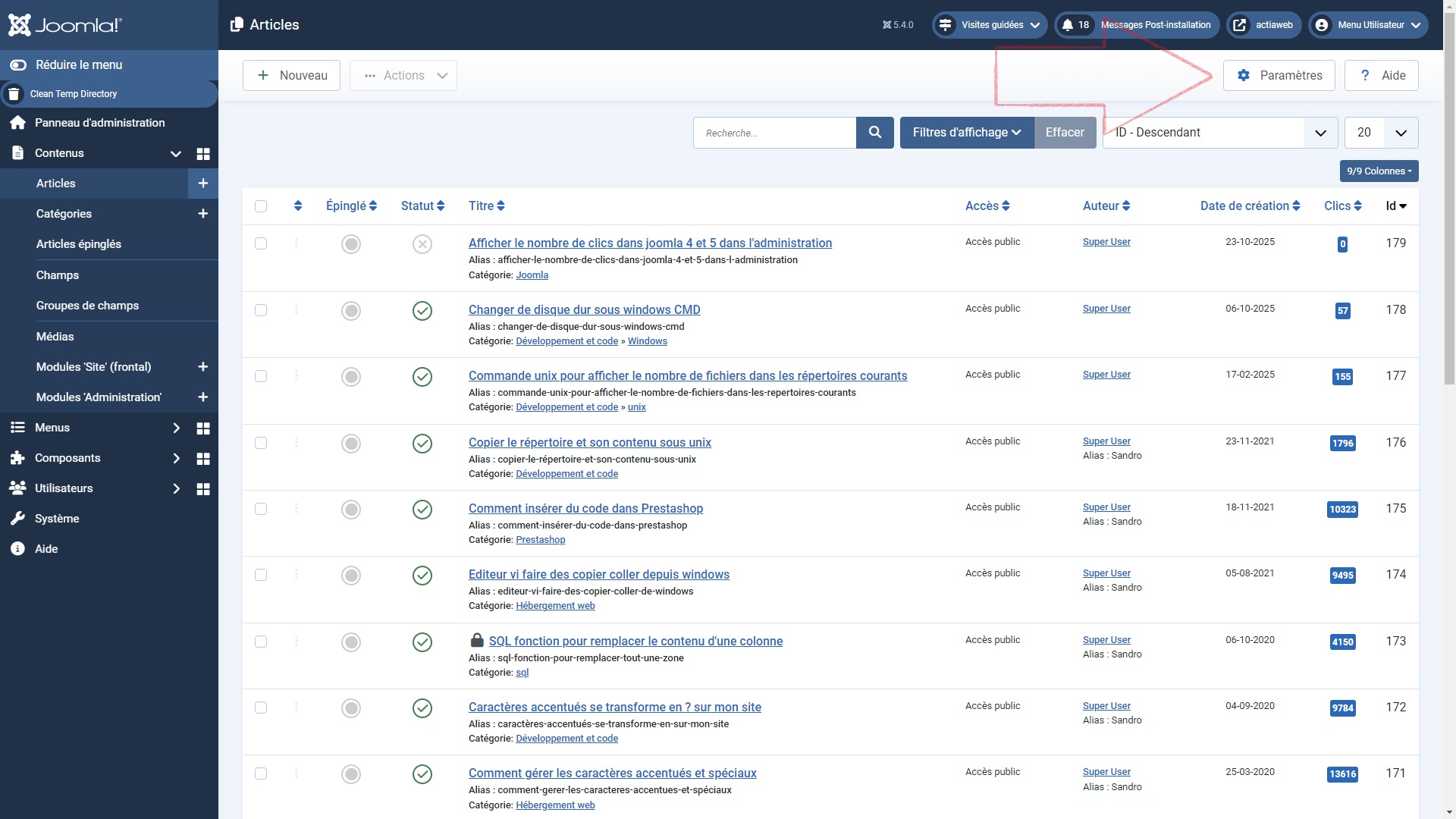 Cliquer sur les paramètres des articles joomla