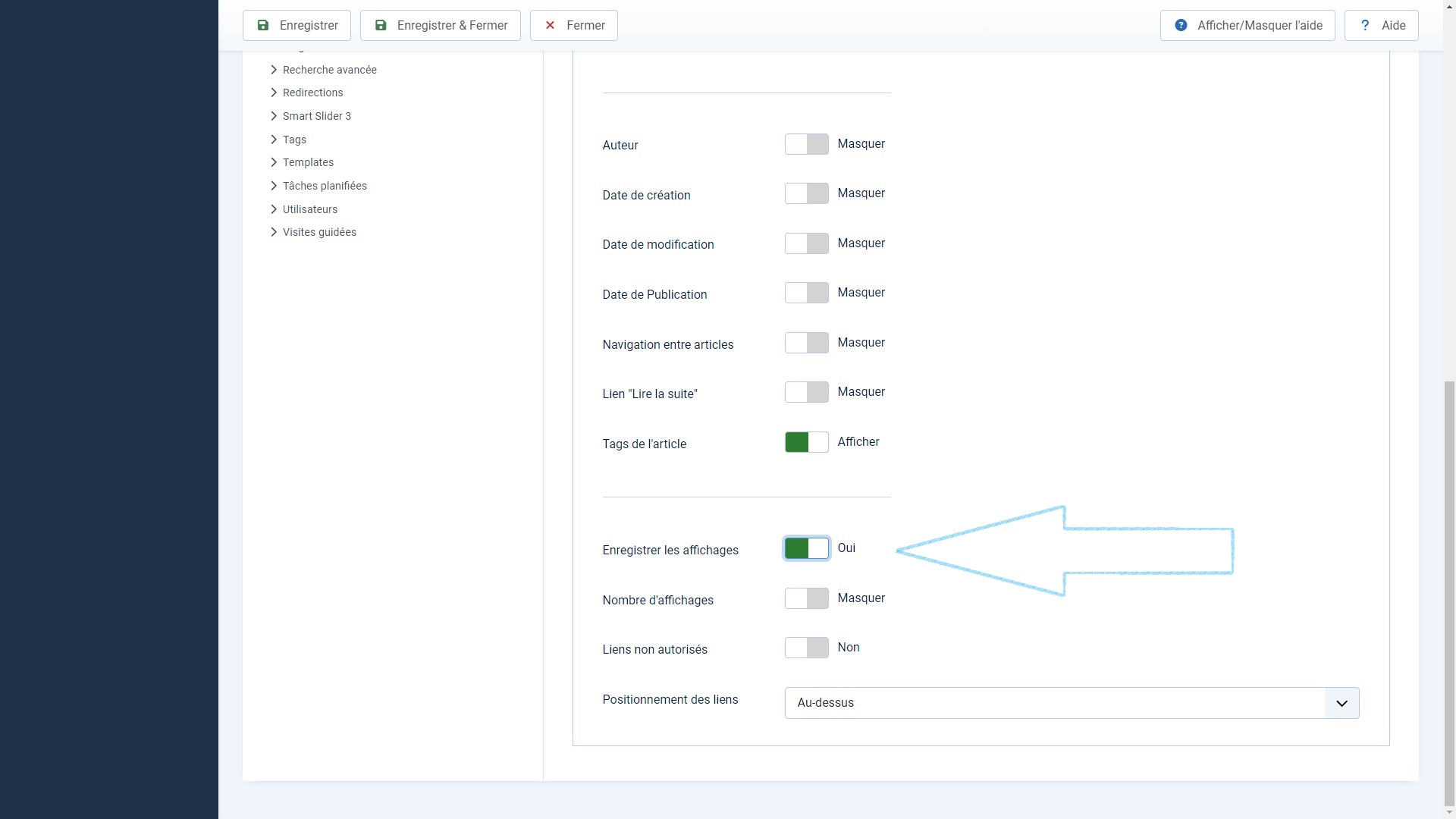 Activation de l'enregistrement de vues des articles joomla