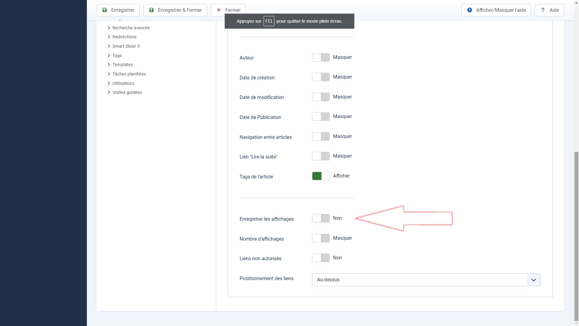 Le nombre d'affichages joomla est désactivé dans les paramètres d'article