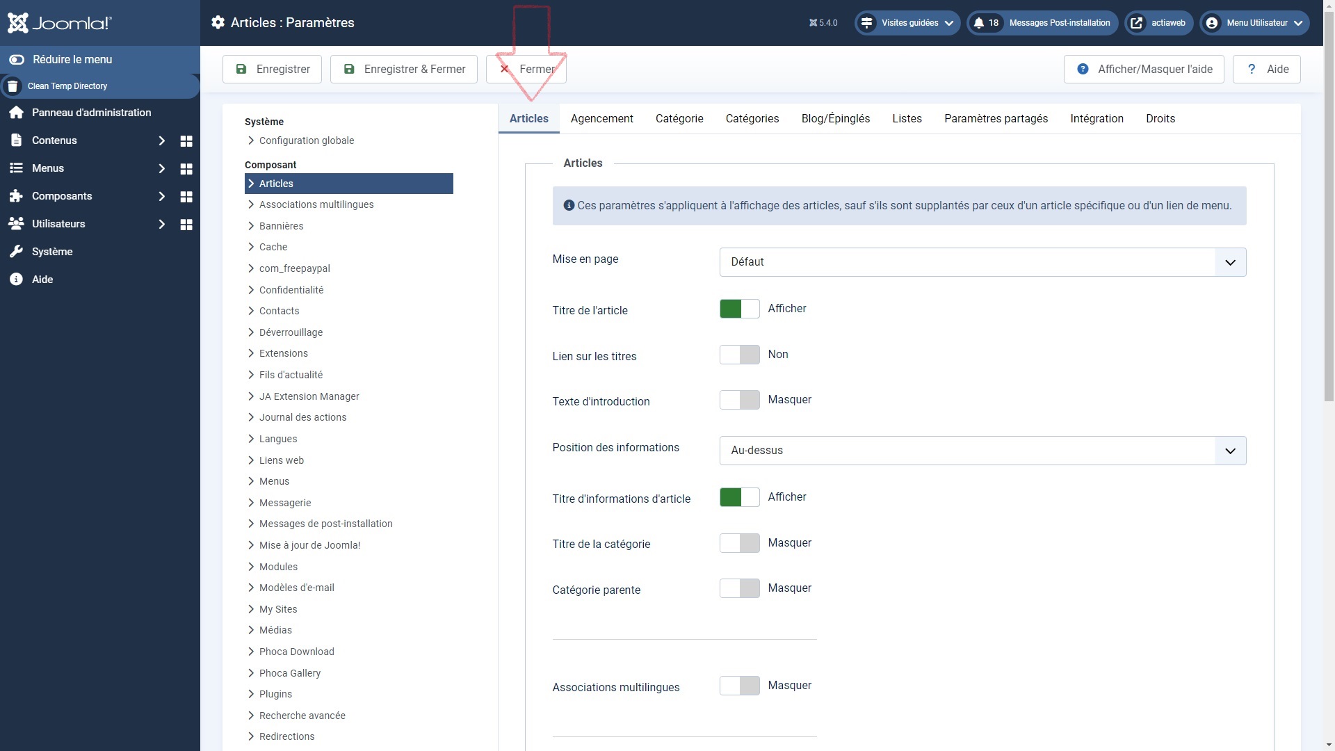 Où se trouve la liste des paramètres d'article joomla 5
